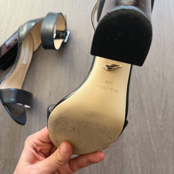 Diane Von Furstenberg Black Leather Sandals with Tortoiseshell Heel Detail - Picture 8 of 13